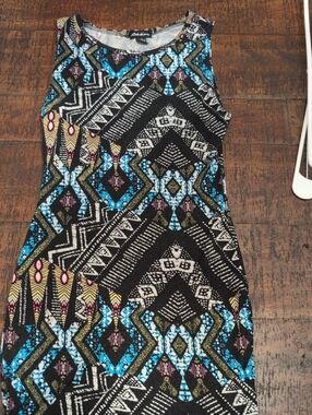 Seductions Printed Bodycon Dress in Black with Multicolor Aztec Accents. Soft!